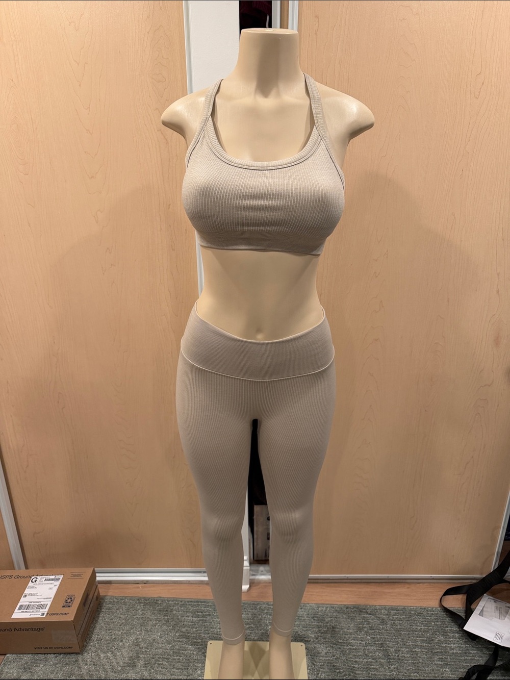 H&M Ribbed Stretch Bralette and leggings  in Light Beige size small